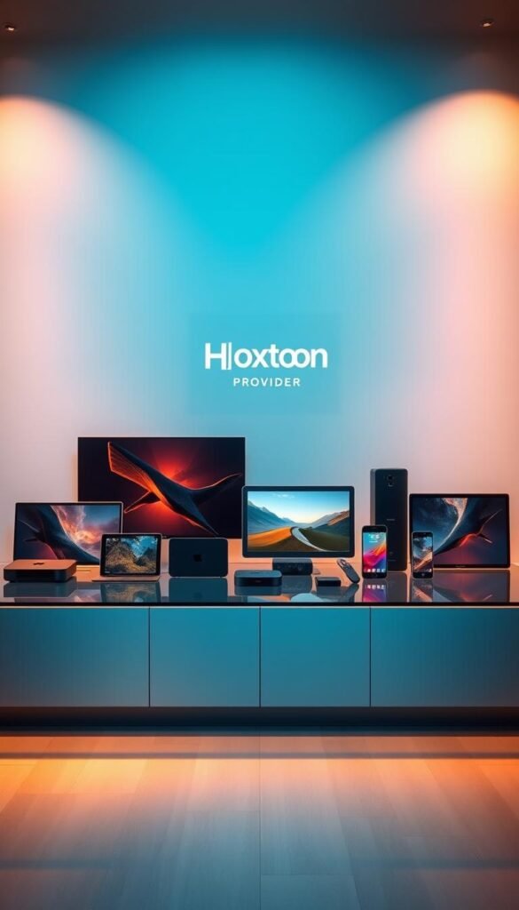 A pristine glass display showcases a variety of sleek, modern devices - smart TVs, tablets, smartphones, and streaming boxes. The devices are arranged in a visually appealing layout, highlighting their compatibility and seamless integration. Warm, indirect lighting casts a soft glow, emphasizing the premium quality and advanced technology of the devices. In the background, a subtle gradient of cool blues and greys creates a clean, professional atmosphere. The Hoxtoon Provider logo is prominently displayed, reinforcing the brand's commitment to multi-device compatibility and connectivity.