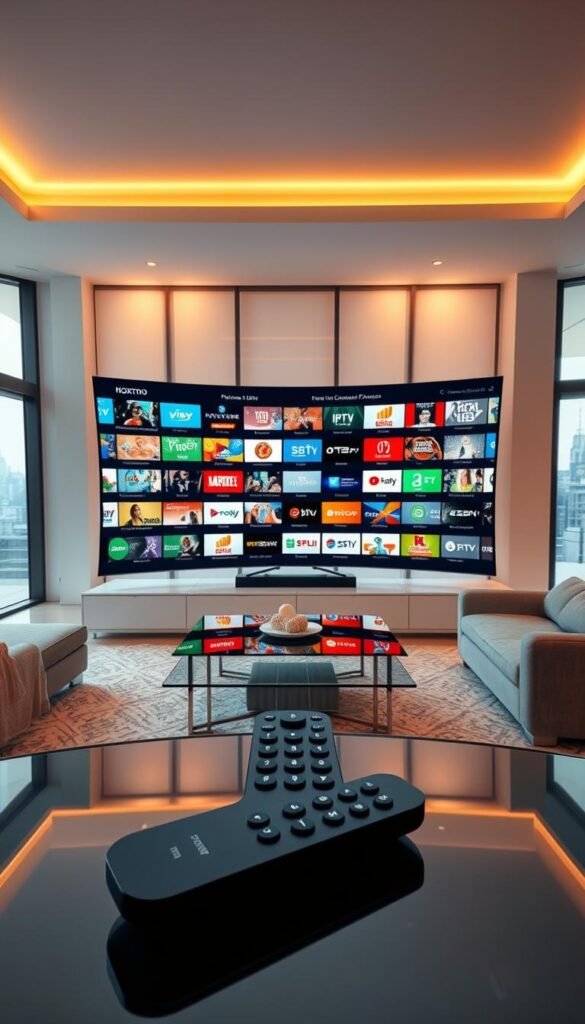 A pristine, modern interior with a sleek, minimalist design. The centerpiece is a large, curved OLED television displaying a vibrant array of IPTV channels from the Hoxtoon Provider, offering an unparalleled content library of over 21,000 channels. The room is bathed in warm, soft lighting, creating a cozy and inviting atmosphere. In the foreground, a high-end, wireless remote control sits on a polished, glass coffee table, ready to navigate the vast selection of premium content. The middle ground features plush, contemporary furniture, while the background showcases floor-to-ceiling windows overlooking a serene, urban skyline.