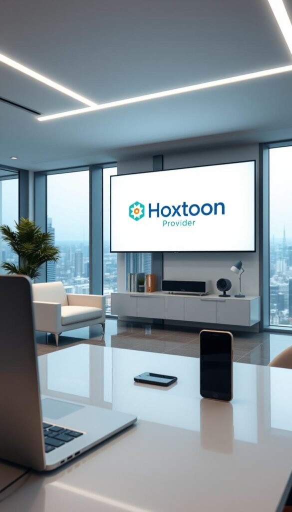 A pristine office interior with sleek, modern furniture and a large wall-mounted television displaying the Hoxtoon Provider logo. The lighting is soft and diffused, creating a professional and trustworthy atmosphere. In the foreground, a laptop and smartphone are visible, showcasing the ease of accessing Hoxtoon's IPTV services. The background features floor-to-ceiling windows, providing a panoramic view of a vibrant cityscape, symbolizing the wide availability and reliability of the Hoxtoon Provider network. The overall composition conveys a sense of authority, quality, and technological sophistication associated with a reputable IPTV service.