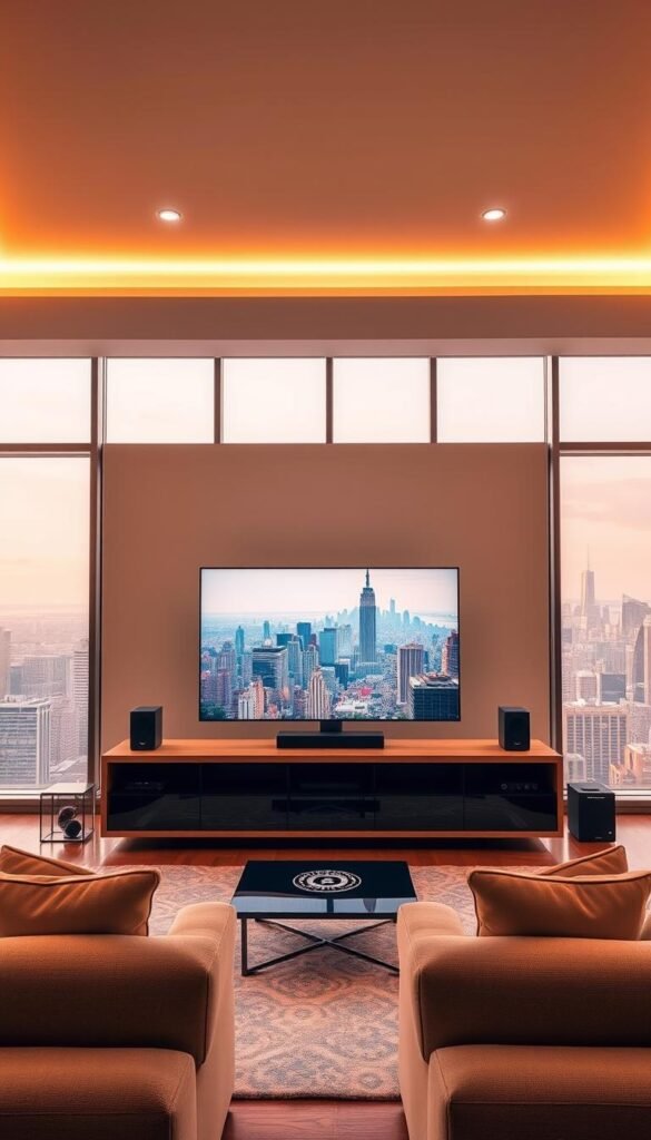 A pristine, ultra-modern home entertainment space bathed in warm, soft lighting. In the foreground, a large, sleek television displays vivid, high-quality visuals from the "Hoxtoon Provider" IPTV service, showcasing its ultimate streaming experience. Surrounding the TV, a minimalist, high-end media console and sound system create an immersive, cinematic ambiance. In the middle ground, comfortable, plush seating invites viewers to sit back and enjoy the seamless, lag-free playback. The background features floor-to-ceiling windows overlooking a breathtaking cityscape, emphasizing the luxurious, premium nature of this ultimate IPTV setup.