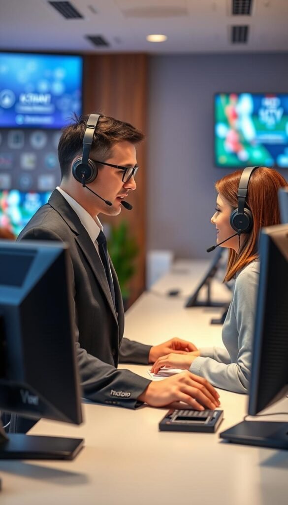 A professional IPTV technician providing dedicated customer support for Hoxtoon Provider's sports channels subscription service. The scene depicts a well-equipped service desk with multiple monitors, headsets, and a bright, inviting atmosphere. The technician, dressed in a sharp uniform, is attentively assisting a customer, showcasing Hoxtoon's commitment to quality service. The background features subtle IPTV-related iconography, conveying the technical expertise behind the service. Soft, warm lighting and a clean, modern design create a sense of professionalism and reliability, reflecting Hoxtoon's brand identity.