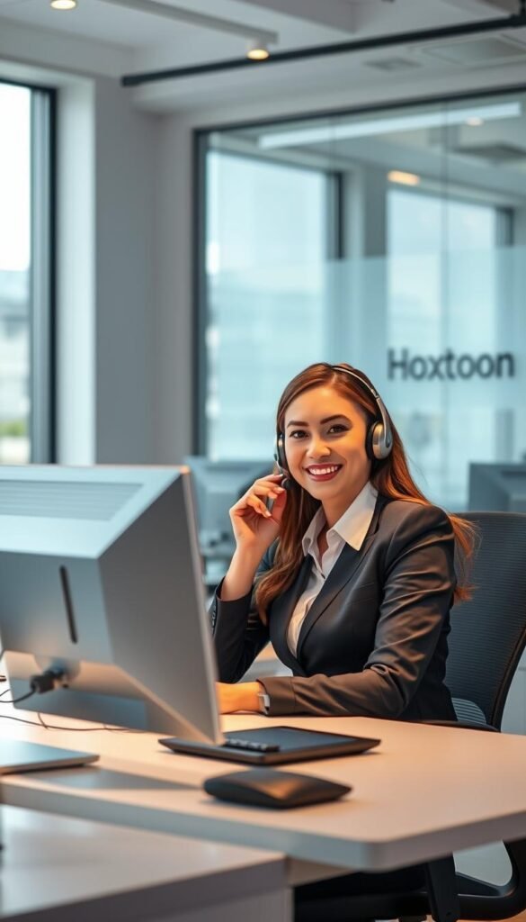 A professional and courteous Hoxtoon Provider customer service representative sitting at a modern desk, surrounded by sleek monitors and peripherals. The representative has a warm, friendly expression and is ready to assist customers with their inquiries. The office setting is well-lit, with soft, diffused lighting from large windows, creating a comfortable and inviting atmosphere. The background features Hoxtoon branding, subtly reinforcing the company's identity. The overall scene conveys a sense of reliability, efficiency, and a commitment to customer satisfaction. A professional and courteous Hoxtoon Provider customer service representative sitting at a modern desk, surrounded by sleek monitors and peripherals. The representative has a warm, friendly expression and is ready to assist customers with their inquiries. The office setting is well-lit, with soft, diffused lighting from large windows, creating a comfortable and inviting atmosphere. The background features Hoxtoon branding, subtly reinforcing the company's identity. The overall scene conveys a sense of reliability, efficiency, and a commitment to customer satisfaction.