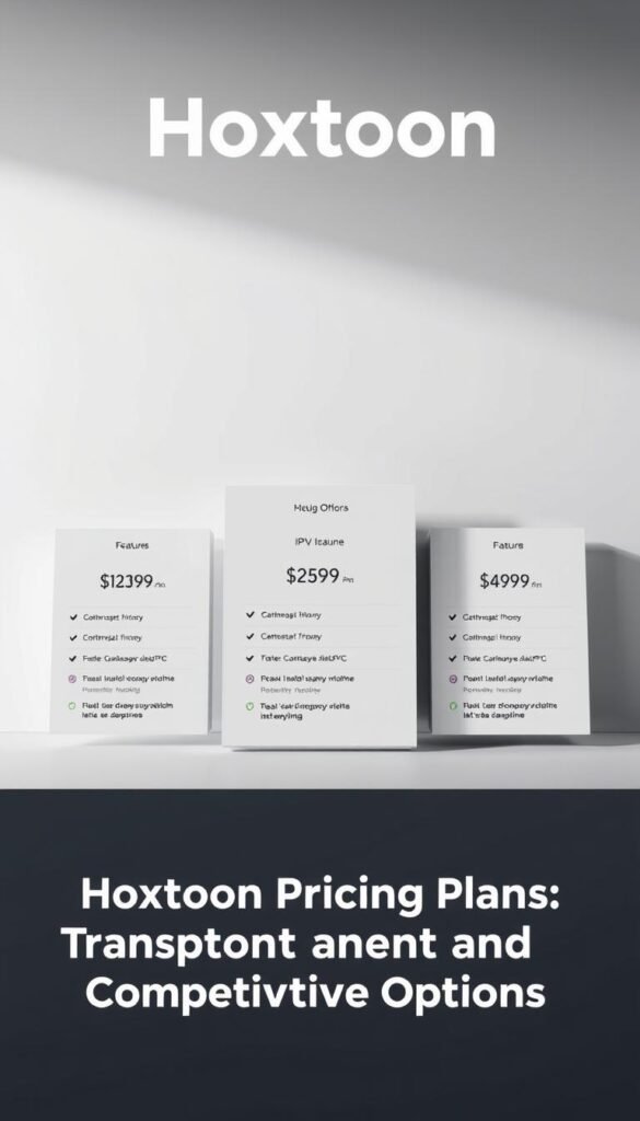 A professional and minimalist image of IPTV subscription plans offered by the Hoxtoon Provider. The foreground features a sleek, modern table display with three plan options, each showcasing their respective pricing, features, and benefits in a clean, organized manner. The middle ground has a subtle background gradient, creating a sense of depth and emphasizing the plans. The lighting is soft and diffused, highlighting the details of the plans without harsh shadows. The overall mood is one of clarity, professionalism, and transparency, reflecting the section title "Hoxtoon Pricing Plans: Transparent and Competitive Options".