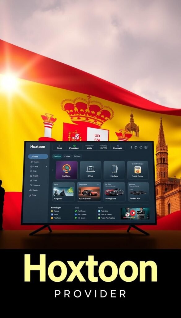 A professional and modern looking IPTV service provider interface set against a backdrop of the Spanish flag. In the foreground, the "Hoxtoon Provider" logo is prominently displayed, conveying a sense of authority and reliability. The middle ground features a sleek dashboard with various IPTV subscription options, packages, and pricing details. The background depicts the iconic architecture and landmarks of Spain, creating a visually striking and cohesive composition. The lighting is warm and inviting, with a subtle lens flare effect to enhance the premium feel. The overall mood is one of sophistication, accessibility, and the growing popularity of IPTV services in the Spanish market.