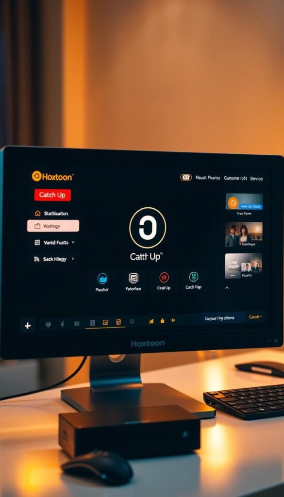 A professional and modern-looking desktop computer display showcasing the Hoxtoon Provider IPTV service, featuring an intuitive user interface with a prominent "Catch Up" functionality icon. The display is illuminated by warm, soft lighting, creating a comfortable and inviting atmosphere. The scene captures the seamless customer experience, with attention to detail in the sleek hardware design and the well-organized, responsive software layout. The overall impression conveys a reliable and user-friendly IPTV solution.