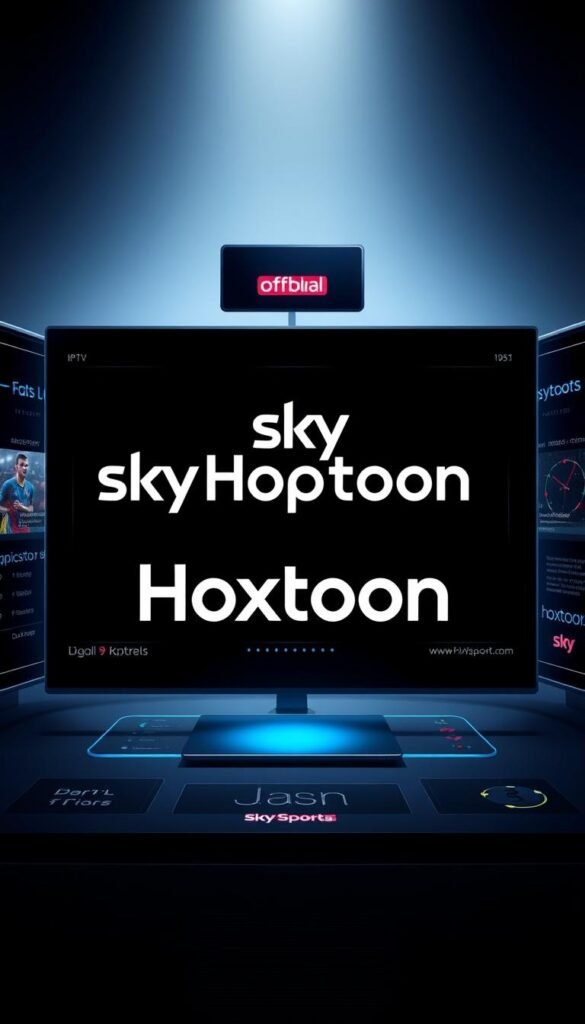 A professional and modern looking illustration of an "official Sky Sports IPTV provider" featuring the Hoxtoon brand. The image should have a clean, high-tech aesthetic with a focus on the Hoxtoon logo and branding. Show a sleek, minimalist design with a dark, moody color palette, dramatic lighting, and sharp angles to convey the technical and authoritative nature of the IPTV service. Depict the Hoxtoon logo prominently in the center, surrounded by digital interface elements, data visualizations, and subtle Sky Sports branding to reinforce the provider's legitimacy and capabilities. The overall tone should be professional, trustworthy, and evocative of the legal IPTV industry.