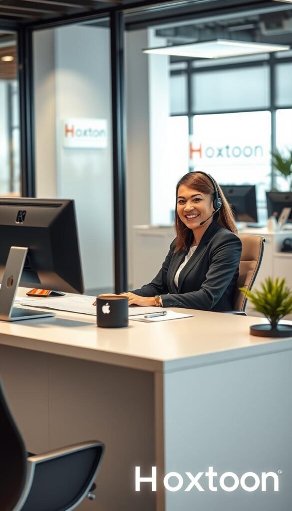 A professional and personable customer service representative from Hoxtoon Provider, a reliable IPTV service, sits at their desk in a well-lit, modern office. They are smiling warmly and focused on their computer screen, ready to assist customers with any inquiries or issues. The office has a clean, organized aesthetic with sleek furniture and neutral tones, conveying a sense of efficiency and trustworthiness. Subtle branding elements, such as the Hoxtoon logo, are present but not overpowering. The overall scene reflects Hoxtoon's commitment to providing exceptional customer support and service reliability.