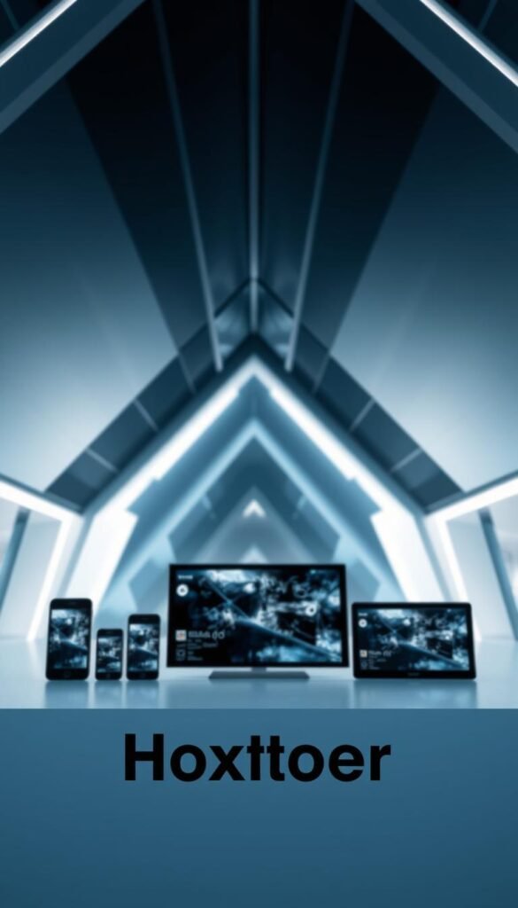 A professional and reliable IPTV provider offering seamless streaming on multiple devices. The foreground features the Hoxtoon Provider logo in a clean, minimalist design, conveying a sense of trustworthiness and dependability. The middle ground showcases various streaming-capable devices - smartphones, tablets, and smart TVs - representing the broad device compatibility. The background depicts a modern, high-tech environment with sleek, angular architectural elements and subtle lighting effects, creating an atmosphere of advanced technology and cutting-edge services. The overall composition exudes a mood of efficiency, convenience, and the reliable performance expected from a top-tier IPTV provider.