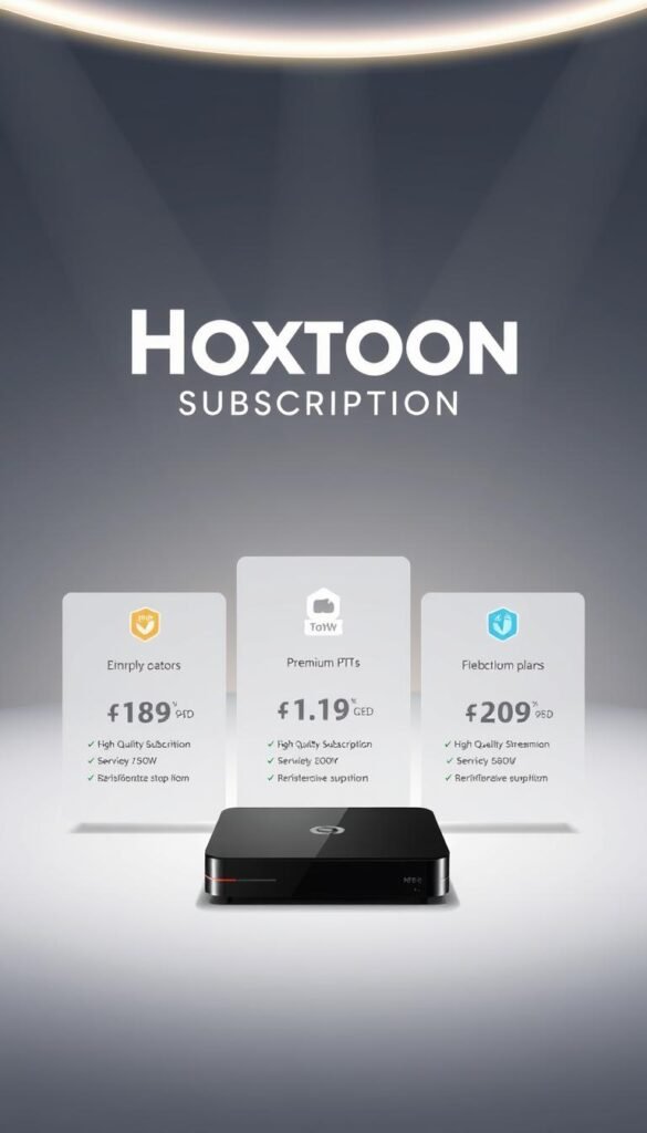 A professional and stylish illustration showcasing the premium subscription plans offered by the Hoxtoon IPTV provider. The image features a sleek, modern design with a prominent display of the Hoxtoon logo. In the foreground, three distinct subscription tiers are presented, each highlighted with elegant icons and concise pricing details. The middle ground depicts a high-quality streaming device, subtly hinting at the premium content and services available. The background is a soft, gradient-based color scheme, creating a clean and premium atmosphere. Subtle lighting effects and a refined, minimalist layout contribute to the overall sense of exclusivity and sophistication associated with Hoxtoon's premium IPTV offering.