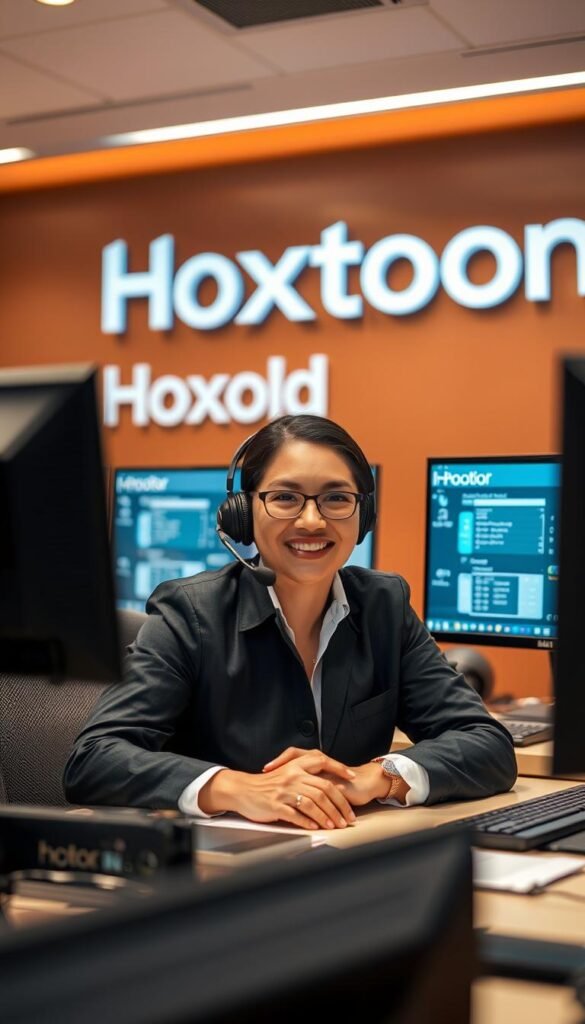 A professional call center agent for the Hoxtoon Provider IPTV service sitting at a desk, wearing a headset and talking on the phone. The agent has a friendly, customer-focused expression and is surrounded by high-tech office equipment and monitors displaying customer support information. The background features the Hoxtoon logo and branding, conveying a sense of reliability and professionalism. The lighting is warm and inviting, creating a comfortable atmosphere for the customer interaction. The camera angle is slightly elevated, giving a sense of confidence and authority in the Hoxtoon Provider's customer support capabilities.