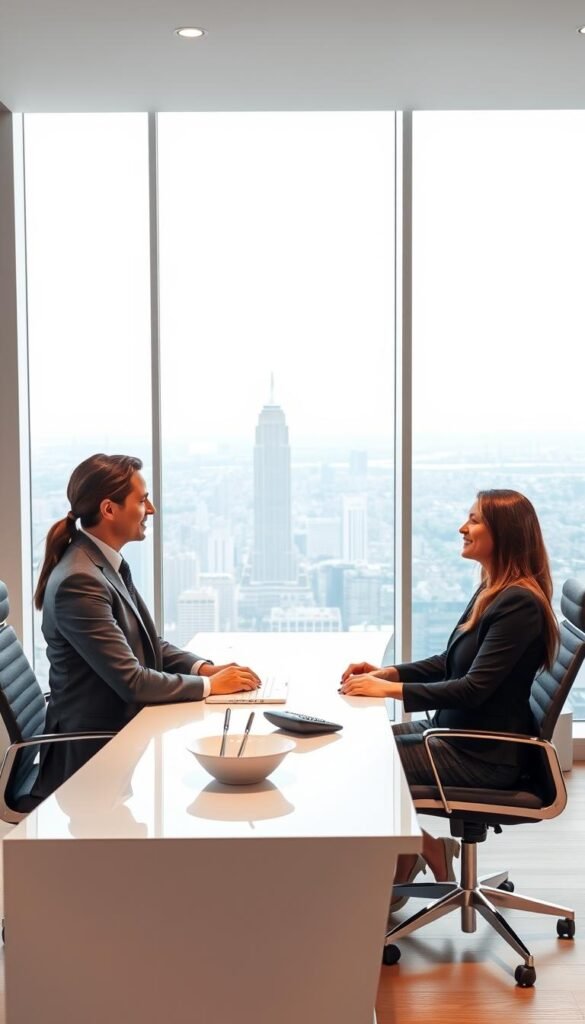 A professional customer service agent from the Hoxtoon Provider IPTV company sits at a sleek, modern desk, offering attentive assistance to a satisfied Gold Premium subscriber. The agent's demeanor is warm and personable, conveying expertise and a genuine desire to address the customer's needs. The office environment is tastefully appointed, with minimalist decor and soft, diffused lighting that creates a calming atmosphere. In the background, a large window overlooking a vibrant cityscape adds depth and a sense of place. The overall scene radiates a high-end, premium quality that aligns with the Hoxtoon IPTV Gold Premium brand.