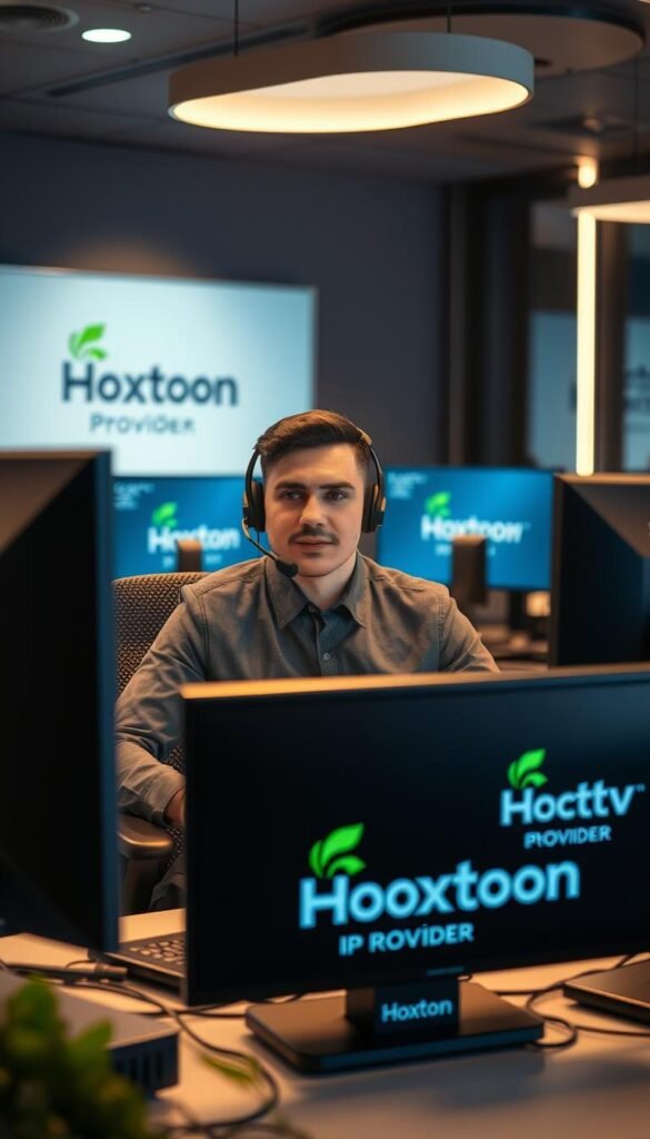 A professional customer service agent sits at a desk in a modern office, surrounded by monitors and equipment. They wear a headset and are focused on assisting an IPTV customer, with a Hoxtoon Provider logo prominently displayed on the desk. The lighting is warm and inviting, conveying a sense of expertise and reliability. The background features sleek, minimalist decor, suggesting a technologically advanced and well-equipped support center. The overall atmosphere is one of professionalism, efficiency, and a commitment to delivering a superior IPTV experience.