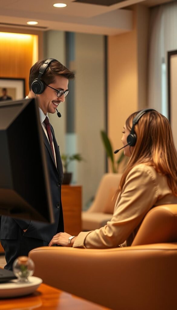 A professional customer service agent working for Hoxtoon Provider, a leading 4K IPTV service in the USA, assisting a client in a warm, well-lit office. The agent, dressed in smart business attire, is focused intently on the computer screen, ready to address the customer's inquiry with expertise and a friendly demeanor. The office space features modern furniture, tasteful decor, and advanced telecommunications equipment, conveying a sense of technological sophistication and superior customer care. The atmosphere is one of efficiency, responsiveness, and a commitment to ensuring a seamless 4K IPTV experience for Hoxtoon Provider's valued customers.
