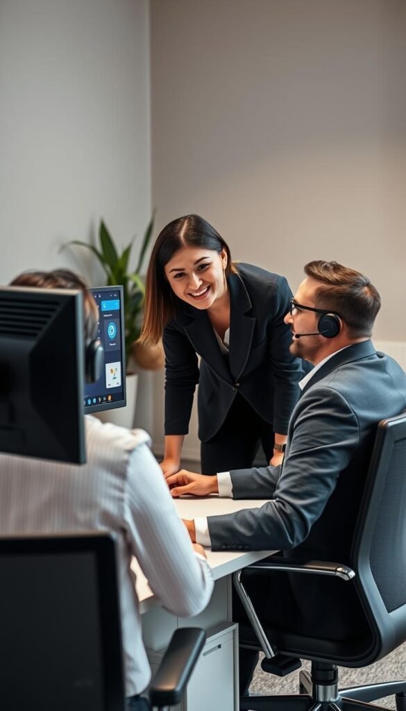 A professional customer service representative assisting an IPTV subscriber, seated at a modern workstation with dual monitors displaying Hoxtoon Provider's user interface. The agent, dressed in a smart casual outfit, is leaning forward with a warm, attentive expression, ready to address the customer's inquiries. The background features a clean, minimalist office setting with potted plants and muted tones, conveying a sense of efficiency and reliability. Soft, directional lighting illuminates the scene, creating depth and highlighting the interaction between the customer service agent and the IPTV user. A professional customer service representative assisting an IPTV subscriber, seated at a modern workstation with dual monitors displaying Hoxtoon Provider's user interface. The agent, dressed in a smart casual outfit, is leaning forward with a warm, attentive expression, ready to address the customer's inquiries. The background features a clean, minimalist office setting with potted plants and muted tones, conveying a sense of efficiency and reliability. Soft, directional lighting illuminates the scene, creating depth and highlighting the interaction between the customer service agent and the IPTV user.