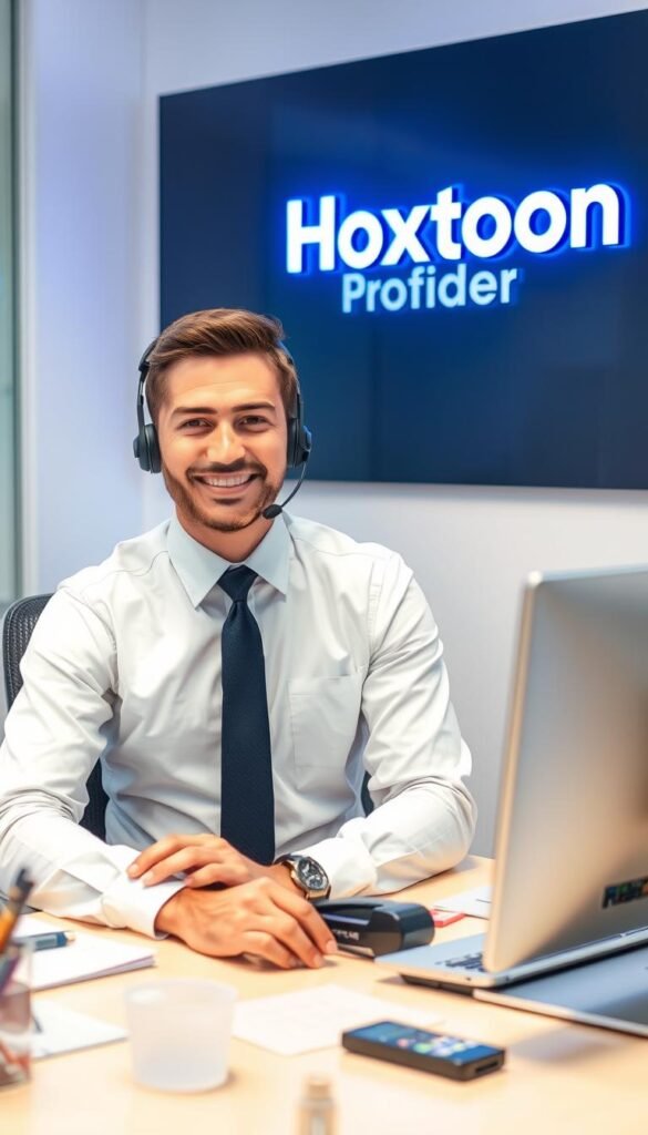 A professional customer service representative dressed in a crisp white shirt and navy blue tie, sitting at a desk in a modern, well-lit office. The desk is cluttered with a computer, a headset, and various stationery items. The representative has a friendly, welcoming expression and is ready to assist a customer. The background features the Hoxtoon Provider logo prominently displayed on the wall, conveying a sense of reliability and professionalism. The lighting is soft and diffused, creating a warm and inviting atmosphere.