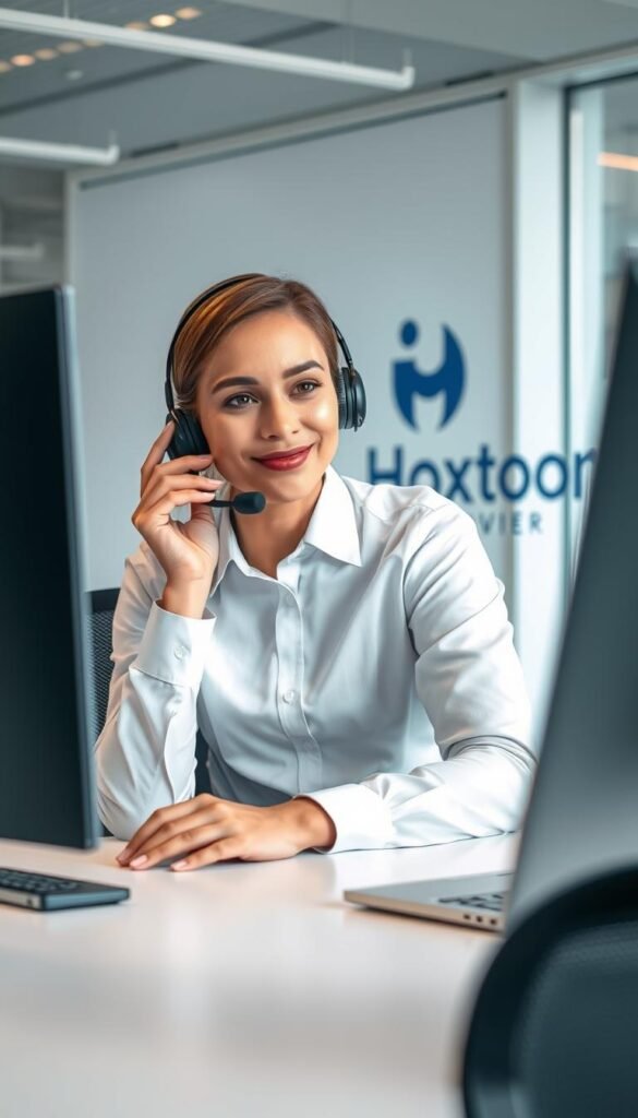 A professional customer service representative from the Hoxtoon Provider IPTV company sits at a modern desk, calmly assisting a customer over the phone. The office environment is bright and airy, with large windows and sleek, minimalist decor. The agent wears a crisp, collared shirt and speaks into a high-quality headset, exuding a sense of competence and reliability. The background showcases the Hoxtoon Provider logo, subtly reinforcing the brand identity. The overall mood is one of efficiency, professionalism, and a commitment to customer satisfaction.