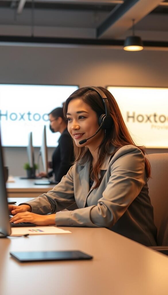 A professional customer service representative from the Hoxtoon Provider company, sitting at a well-organized desk, providing attentive assistance to a client over a headset. The scene is illuminated by warm, indirect lighting, creating a comfortable and approachable atmosphere. The representative's expression conveys empathy and a genuine desire to address the customer's needs. The background features a clean, minimalist office space, with subtle branding elements that reinforce the Hoxtoon Provider identity. The overall composition showcases the company's commitment to reliable and personalized customer support.