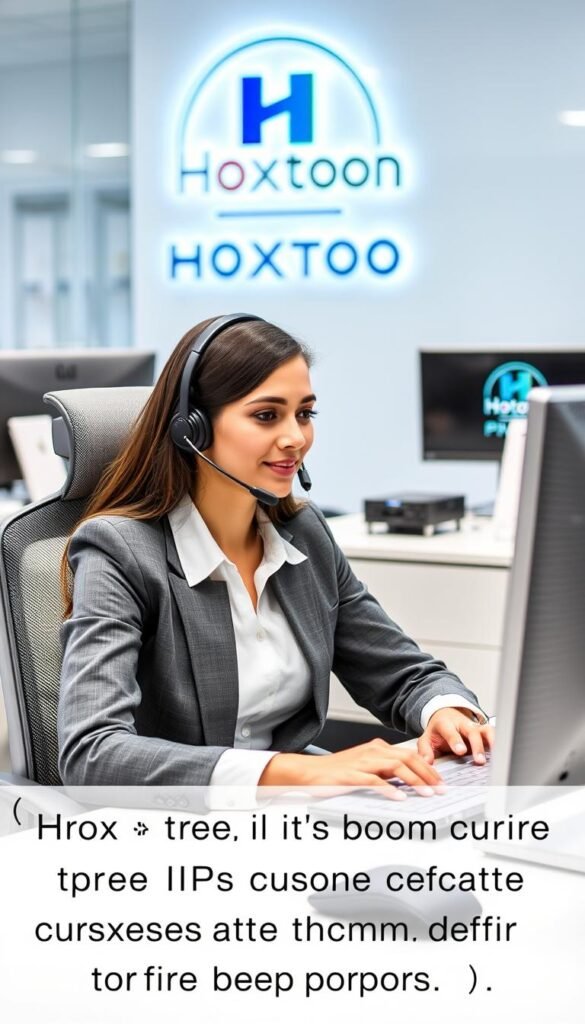 A professional customer service representative of Hoxtoon Provider seated at a desk, wearing a headset and typing on a computer. The office setting is modern and well-lit, with sleek monitors and equipment, conveying a sense of efficiency and attentiveness. The representative's expression is patient and focused, ready to assist the IPTV customer with any inquiries or issues. The background showcases the Hoxtoon Provider logo and branding, emphasizing the high-quality customer support available for their extensive IPTV service.