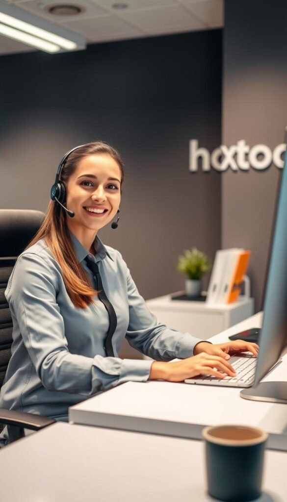 A professional customer service representative of the Hoxtoon IPTV provider sitting at a desk, wearing a headset and typing on a computer. The office setting is modern and well-lit, with a clean and organized workspace. The representative has a friendly and approachable expression, conveying a helpful and attentive attitude. The background features muted, neutral colors that do not distract from the main subject. The overall atmosphere suggests a positive, efficient, and reliable customer support experience.