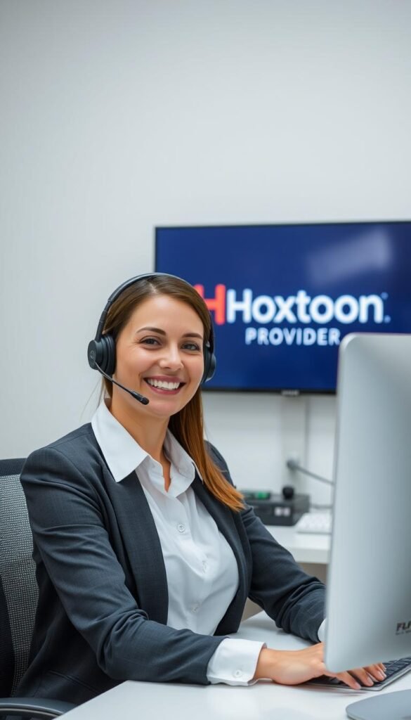 A professional customer service representative sitting at a desk, wearing a headset and smiling warmly. In the background, the Hoxtoon Provider logo is prominently displayed on a sleek, modern computer monitor. The lighting is soft and diffused, creating a welcoming atmosphere. The scene conveys a sense of efficiency, competence, and a dedication to providing excellent service to IPTV customers.