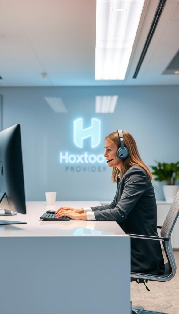 A professional customer service representative sitting at a sleek, minimalist desk in a well-lit, modern office space. The representative is calmly assisting a customer on a high-quality headset, conveying a sense of empathy and dedication. The background features the Hoxtoon Provider logo prominently displayed, along with subtle design elements that complement the brand's aesthetic. The lighting is soft and diffused, creating a warm, inviting atmosphere. The composition emphasizes the focus on the customer interaction, with the representative's face and upper body in the foreground, and the office setting receding into the background.