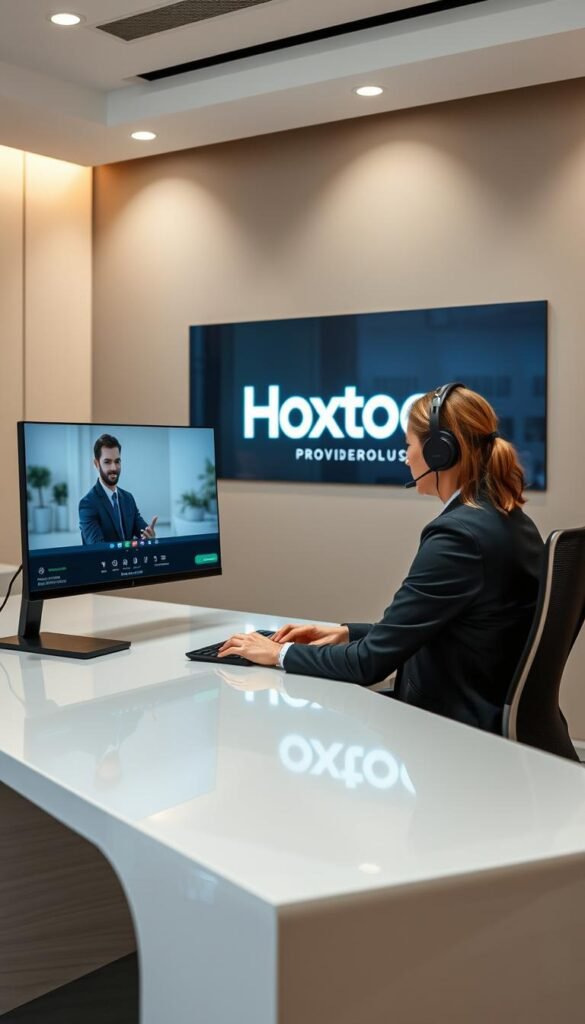 A professional customer service representative sitting at a sleek, modern desk, assisting a customer via video call on a high-resolution display. The office has a warm, welcoming atmosphere with muted tones and soft lighting, conveying a sense of efficiency and care. In the background, the Hoxtoon Provider logo is prominently displayed, emphasizing the brand's commitment to quality customer support. The scene captures the essence of Hoxtoon's dedication to providing exceptional service and technical expertise to its Toshiba Smart TV users.