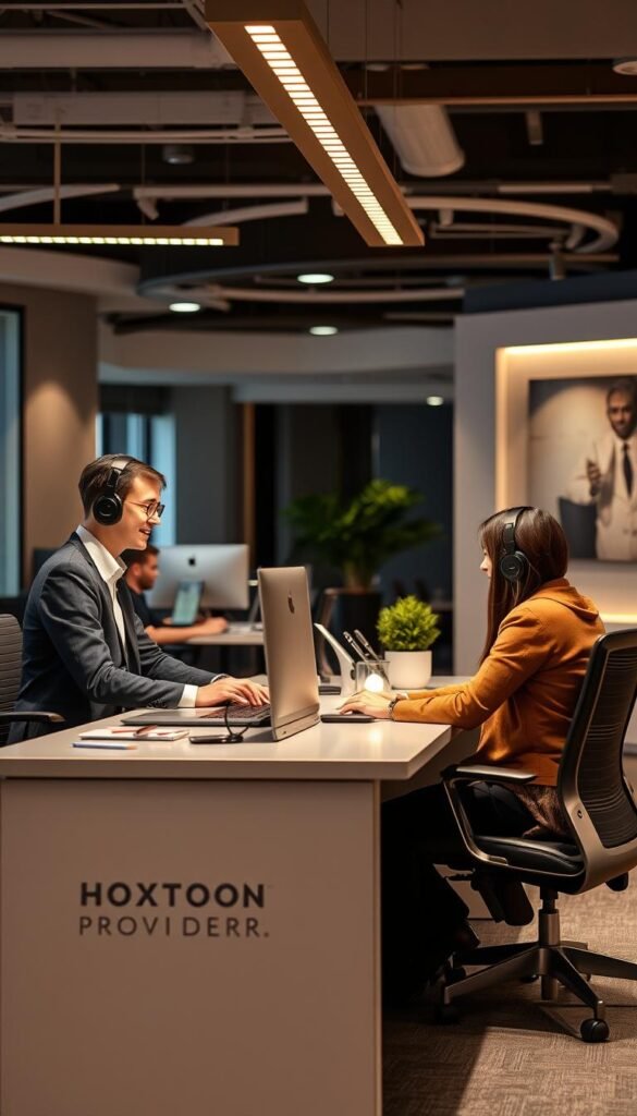 A professional customer support representative assisting a customer at a desk in a modern office environment. The desk is neatly organized with a Hoxtoon Provider logo visible, conveying a sense of efficiency and professionalism. Warm lighting from overhead illuminates the scene, creating a welcoming atmosphere. The customer and representative are engaged in a friendly, productive conversation, showcasing the high-quality customer service offered by Hoxtoon Provider. The background features sleek, minimalist decor and office furnishings, contributing to an overall impression of a well-run, reputable company.