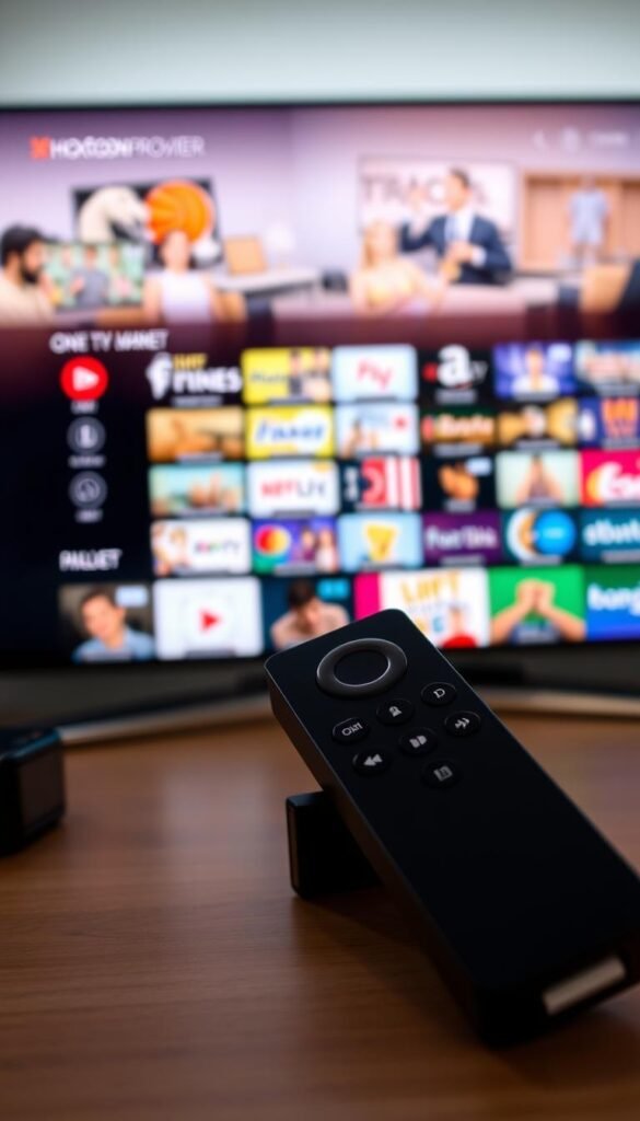 A professional-grade IPTV setup on a modern Firestick device, showcasing the sleek Hoxtoon Provider interface. The screen displays a grid of various live TV channels and on-demand content, bathed in a soft, warm lighting that emphasizes the premium quality of the service. The Firestick itself is positioned prominently, its angular design contrasting with the rounded shapes of the UI elements. The background is slightly blurred, keeping the focus on the Hoxtoon Provider branding and the high-definition video playback. The overall scene conveys a sense of convenience, reliability, and entertainment for the modern cord-cutter.