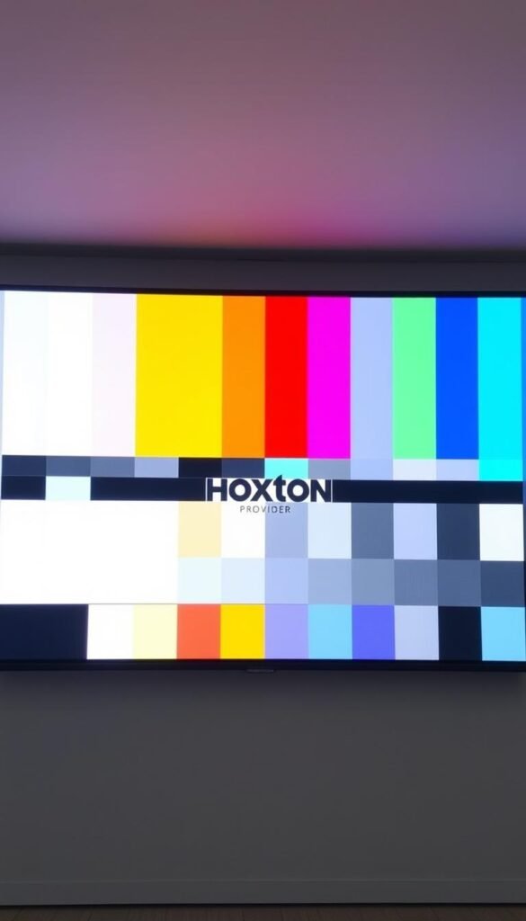 A professional-grade IPTV test pattern displayed on a large, high-definition display. The image features a variety of geometric shapes, color bars, and grayscale gradients arranged in a structured layout. The lighting is even and neutral, with a slight ambient glow that creates a sense of depth and dimension. The camera angle is straight-on, providing a clear and detailed view of the test pattern. The overall mood is one of technical precision and visual clarity, reflecting the purpose of the image to assess and calibrate IPTV systems. Hoxtoon Provider is prominently displayed as the brand name within the test pattern.