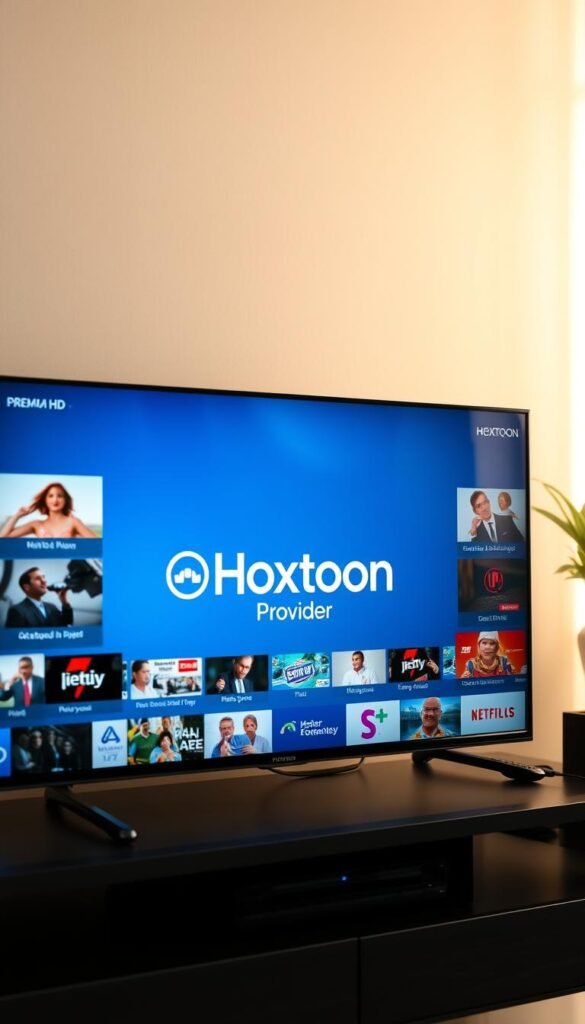 A professional, high-quality IPTV service with a sleek, modern interface showcasing an array of premium HD channels. The Hoxtoon Provider logo prominently displayed, surrounded by various channel icons and program thumbnails. The scene is bathed in a soft, warm lighting, creating a inviting and user-friendly atmosphere. The focus is on the IPTV interface, with the background subtly blurred to maintain attention on the service. The overall composition is balanced and visually appealing, reflecting the ease and convenience of setting up a Hoxtoon IPTV subscription.