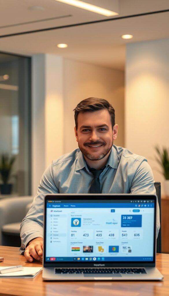 A professional-looking businessman sitting at a desk, reviewing a laptop displaying a Hoxtoon Provider IPTV service dashboard. The office setting is well-lit with warm, soft lighting, creating a sense of reliability and trustworthiness. The businessman's expression conveys confidence and competence. In the background, a sleek, modern office design with minimalist decor. The overall atmosphere suggests a reputable, customer-focused IPTV service provider.