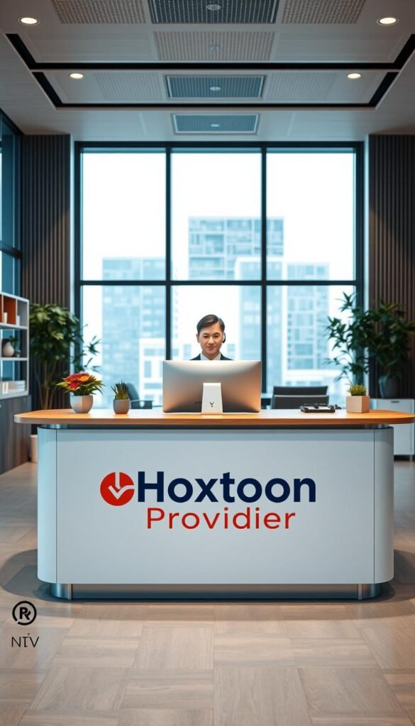 A professional-looking office interior with a customer service desk in the foreground. The desk is adorned with the Hoxtoon Provider logo, signaling this is the customer support area for the IPTV service. Behind the desk, an attentive customer service representative is ready to assist. The middle ground features modern office furnishings and decor, conveying a sense of reliability and professionalism. The background showcases large windows that let in natural light, creating a bright and welcoming atmosphere. The lighting is warm and focused, emphasizing the dedicated customer support. The camera angle is slightly elevated, giving a polished, high-quality feel to the scene.
