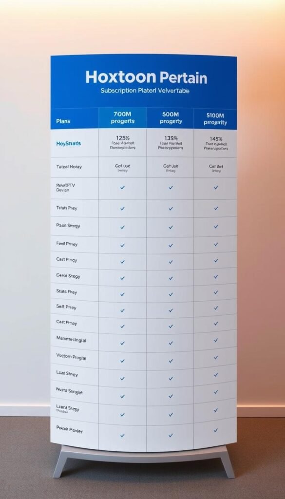 A professional-looking table showcasing the various subscription plans offered by the Hoxtoon Provider. The table is set against a clean, minimalist background with a soft, warm lighting that creates a modern and inviting atmosphere. The plans are presented in a clear, organized manner, with each plan displayed in a distinct column. The column headers feature the Hoxtoon Provider branding, while the plan details are presented in a clean, easy-to-read format. The table is photographed from a slightly elevated angle, creating a sense of depth and emphasizing the overall layout. The image conveys a sense of reliability, transparency, and value, reflecting the Hoxtoon Provider's position as a leading IPTV service in the USA.