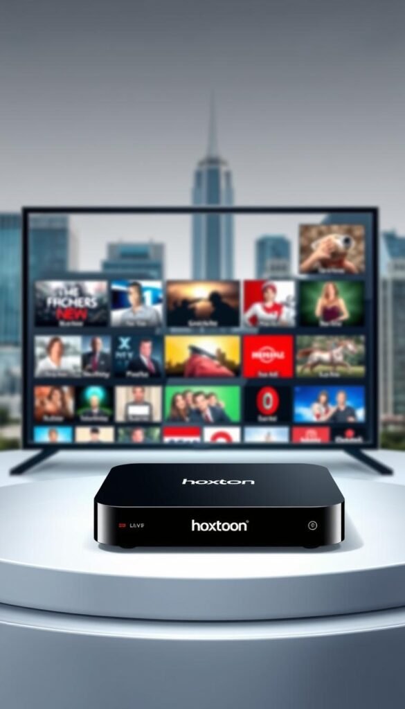 A professional-looking, well-designed illustration showcasing the Hoxtoon IPTV Provider service. In the foreground, a sleek, modern streaming device with the Hoxtoon logo prominently displayed. In the middle ground, a grid of various live TV channels and on-demand content available through the Hoxtoon service, rendered in high detail. In the background, a blurred cityscape with skyscrapers, a nod to the nationwide coverage and accessibility of the Hoxtoon IPTV service. The lighting is clean and bright, conveying a sense of quality and reliability. The overall composition is balanced and visually appealing, highlighting the key features and value proposition of the Hoxtoon IPTV Provider.