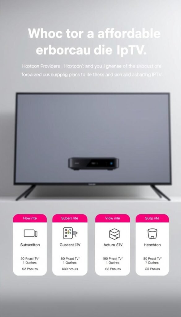 A professional, minimalist product display of Hoxtoon Provider's affordable IPTV plans. The foreground features neatly arranged icons representing various subscription options, with clear pricing details. The middle ground showcases a sleek, modern device, possibly a streaming box or smart TV, highlighting the seamless integration of Hoxtoon's services. The background is a soft, clean gradient, creating a sense of sophistication and simplicity. Subtle lighting accentuates the product's details, while a low, wide camera angle emphasizes the accessible and user-friendly nature of Hoxtoon's IPTV offerings.