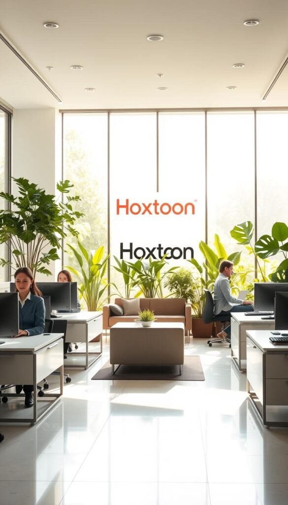 A professional, modern, and welcoming customer support office for the Hoxtoon Provider. Sunlight streams through large windows, illuminating a spacious room with sleek, minimalist furniture and decor. In the foreground, a team of attentive customer service representatives assist clients at clean, well-organized desks, their faces friendly and helpful. The middle ground features a waiting area with comfortable seating, and a prominent Hoxtoon Provider logo on the wall. In the background, the office is surrounded by lush greenery, creating a tranquil, nature-inspired atmosphere. The overall scene conveys a sense of efficiency, professionalism, and a commitment to exceptional customer support and service.