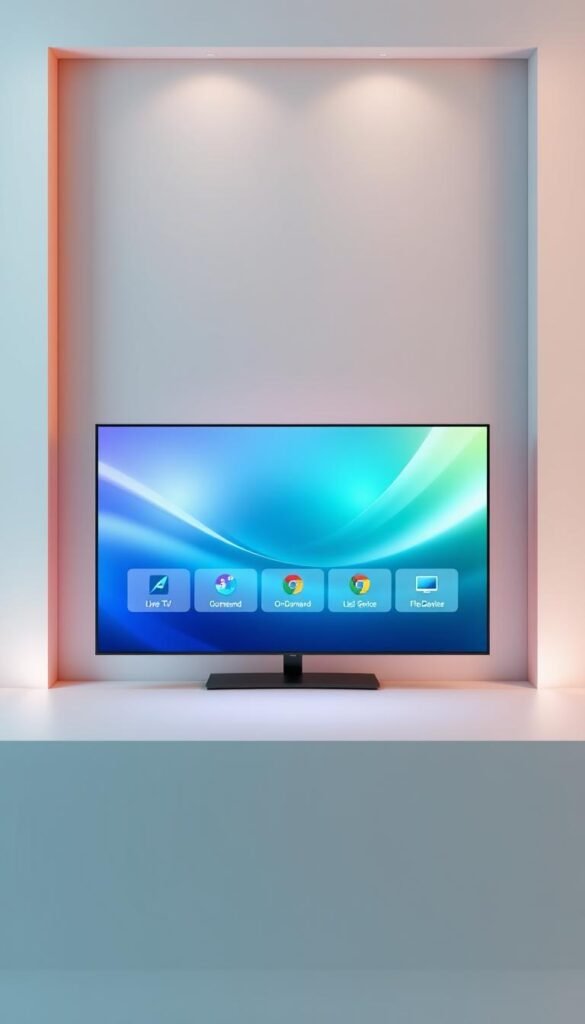 A professional, modern digital interface showcasing the premium features of the Hoxtoon Provider IPTV Smarters app. In the center, a sleek, high-resolution display highlights key features like live TV, on-demand content, and multi-device compatibility. The background features a subtle gradient in soothing tones, complemented by geometric shapes and clean lines that convey a sense of sophistication and technical prowess. Lighting is soft and diffused, creating a sense of depth and dimensionality. The overall composition strikes a balance between simplicity and visual interest, reflecting the app's user-friendly yet powerful capabilities.