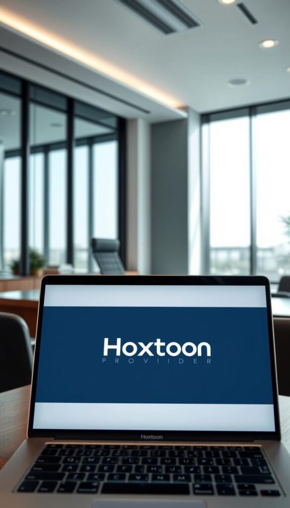 A professional, modern office setting with sleek, minimalist decor. In the foreground, a laptop displaying the Hoxtoon Provider logo, showcasing their legitimate IPTV service offerings. In the middle ground, a stylish desk and ergonomic chair, symbolizing a professional business environment. The background features large windows with natural light streaming in, creating a bright and airy atmosphere. The lighting is soft and even, lending a sense of professionalism and trustworthiness. The overall scene conveys the legitimacy and legality of the Hoxtoon Provider IPTV service.