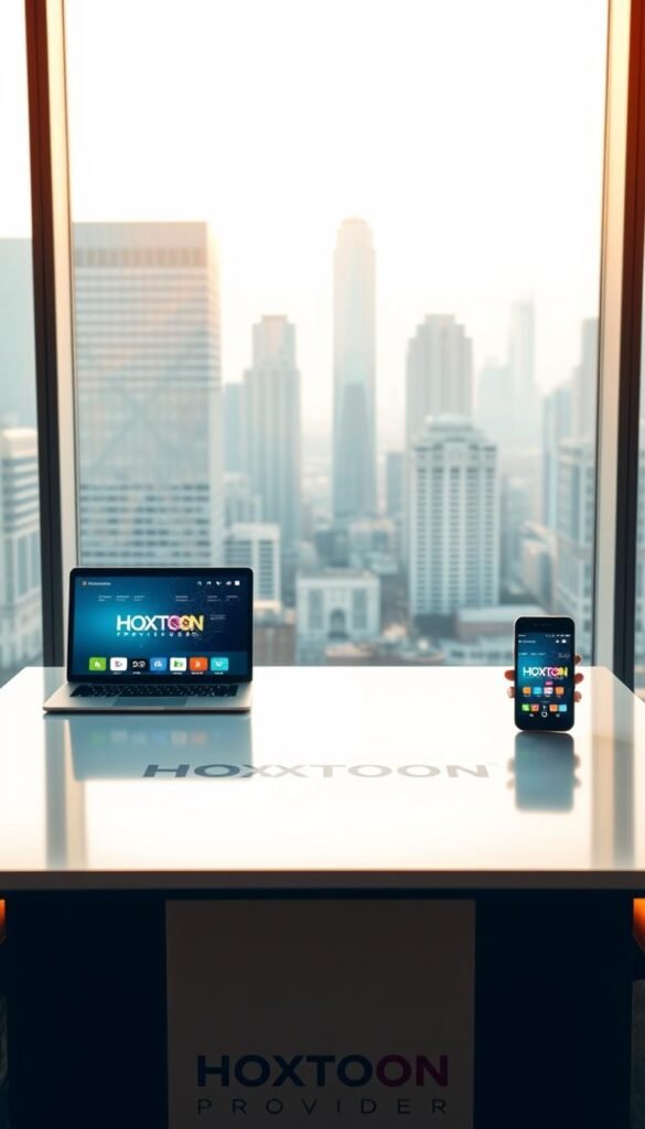 A professional office setting with a modern, sleek desk featuring the Hoxtoon Provider logo prominently displayed. On the desk, a laptop and mobile device showcase the IPTV service interface, highlighting its user-friendly design. The background features floor-to-ceiling windows overlooking a bustling city skyline, bathed in warm, natural lighting. The overall atmosphere conveys a sense of efficiency, reliability, and customer-centric service associated with the Hoxtoon Provider brand.