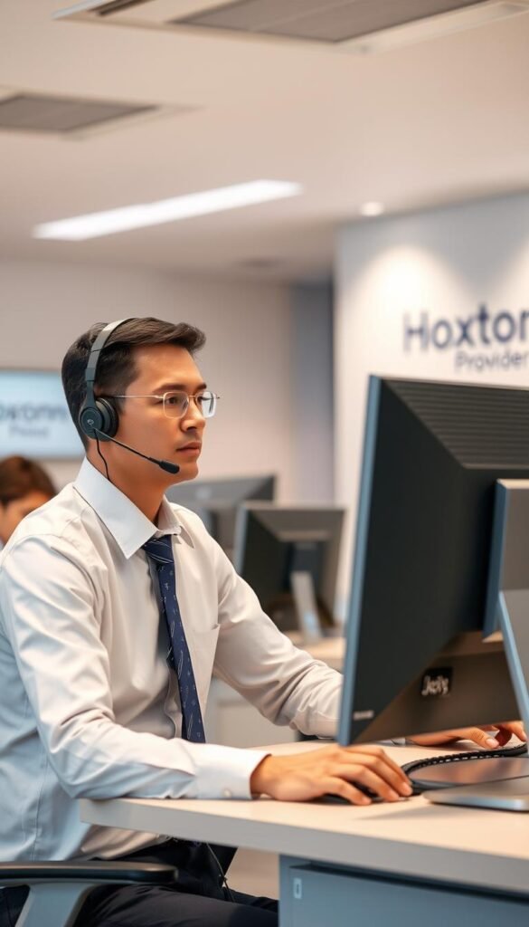 A professional service desk operator in a white collared shirt and blue tie, sitting at a desk in a modern, well-lit office. The operator has a focused expression as they assist a customer on a headset, surrounded by sleek computers and monitors emblazoned with the "Hoxtoon Provider" logo. The background is a clean, minimalist space with muted colors, conveying a sense of efficiency and customer-centric professionalism. Soft, diffused lighting illuminates the scene, creating a warm and inviting atmosphere.