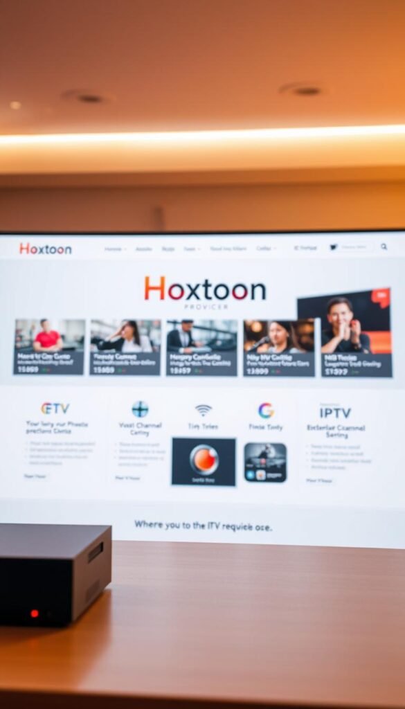 A professional, sleek, and modern website showcasing several reputable IPTV companies. In the foreground, the Hoxtoon Provider logo stands out prominently, its design crisp and eye-catching. The middle ground features detailed information about Hoxtoon's offerings, including their vast channel selection and extensive VOD library. The background depicts a clean, minimalist layout with subtle branding elements, conveying a sense of reliability and trustworthiness. The overall scene is bathed in warm, soft lighting, creating a welcoming and inviting atmosphere. The composition is balanced, with the Hoxtoon Provider branding taking center stage, while the supporting details provide context and emphasize the company's strengths.