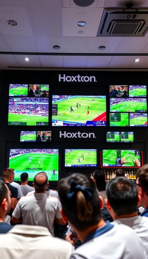 A professional sports entertainment center featuring a large main screen showcasing live sports events, surrounded by smaller screens displaying different match highlights and statistics. The center is well-lit, with a modern and sleek design, and the "Hoxtoon Provider" brand prominently displayed. In the foreground, a group of sports fans are engrossed in the action, while in the background, a bar area with sports memorabilia creates a lively and immersive atmosphere.