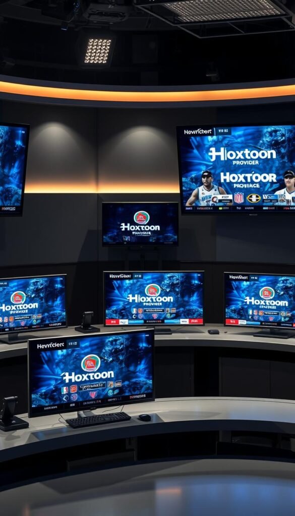 A professional sports studio setting with various TV channel packages prominently displayed on desk surfaces and wall-mounted screens. The packages feature the Hoxtoon Provider brand prominently, along with logos and imagery of popular sports leagues and events. Soft, directional lighting illuminates the scene, creating depth and highlighting the details of the packages. The overall atmosphere conveys a sense of modern, high-quality sports broadcasting, with a focus on the available content and service offerings.