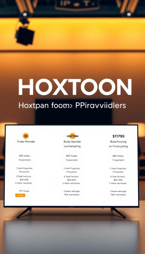 A professional studio interior setting with warm, ambient lighting and a subtle vignette effect. In the foreground, a sleek, modern display showcases the Hoxtoon Provider logo and three tiered subscription plans, each with clear pricing and feature details. The middle ground features elegant typography outlining the plan names and benefits, while the background subtly blurs to emphasize the plans. The overall composition conveys a sense of premium, accessible entertainment, inviting the viewer to explore the affordable IPTV options from Hoxtoon Provider.