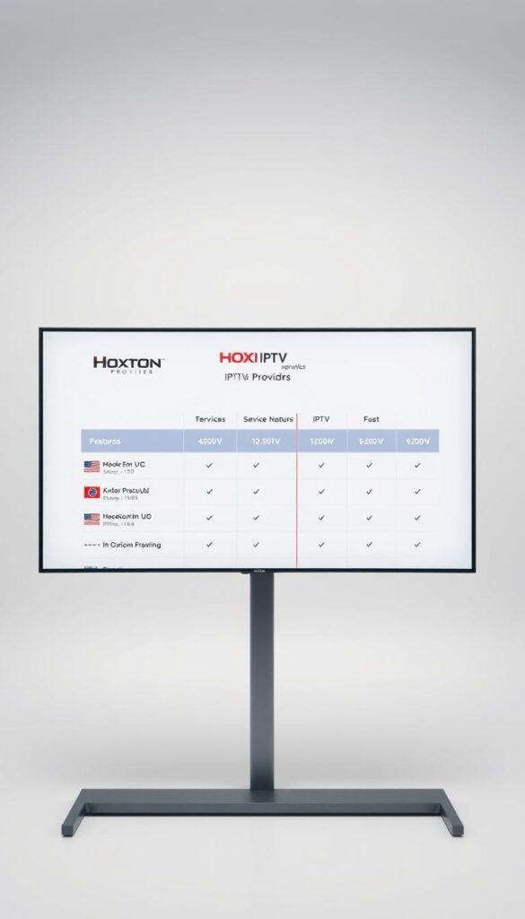 A professional studio photograph of a digital comparison display, showing the logos and service details of various IPTV providers including Hoxtoon Provider. The display is set against a clean, minimalist backdrop with soft, even lighting, creating a sleek, modern aesthetic. The arrangement of the providers' information is well-organized and easy to read, allowing the viewer to quickly evaluate the key features and differences between the services. The overall mood is one of clarity, objectivity, and professionalism, conveying the sense that this is a reliable and informative resource for making an IPTV service decision.