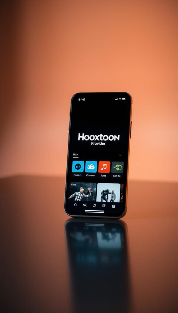 A professional studio photograph of a smartphone displaying the Hoxtoon Provider IPTV subscription service, showcasing its catch-up feature. The smartphone is placed on a sleek, reflective surface, creating a sense of depth and high-end presentation. Subtle lighting from the side casts a warm glow, highlighting the smartphone's screen and the IPTV interface. The background is a soft, blurred gradient, keeping the focus on the device and the Hoxtoon Provider branding. The overall mood is one of reliability, quality, and customer-centric service.
