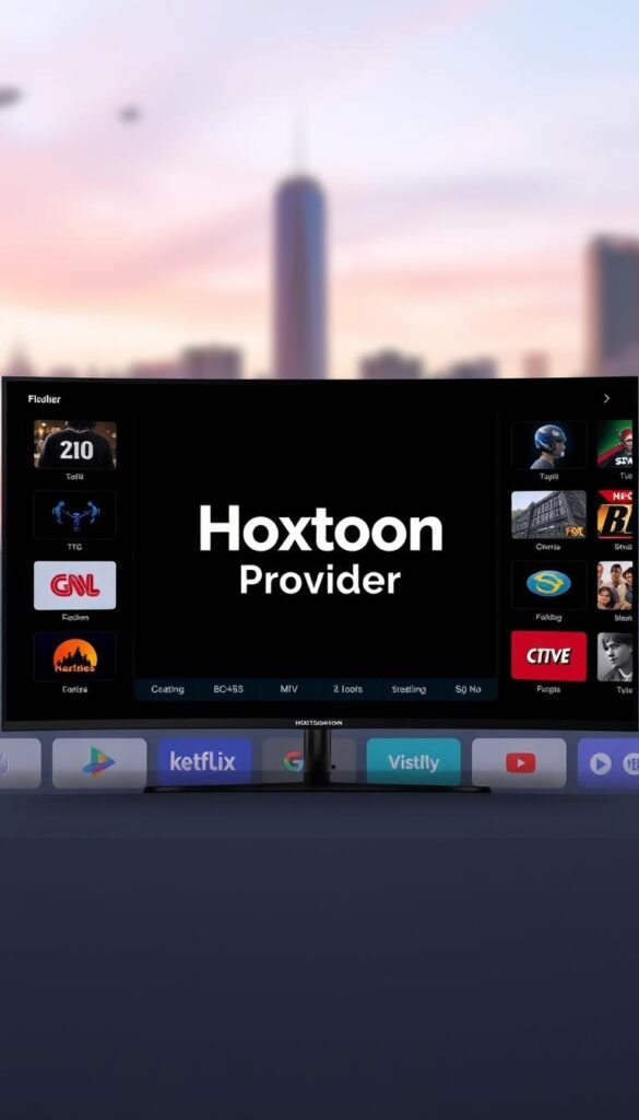 A professional, well-designed IPTV service interface with a clean and modern layout. The Hoxtoon Provider logo prominently displayed in the center, surrounded by an array of high-definition channel icons and streaming options. The interface has a sleek, minimalist aesthetic with subtle gradients and soft lighting, creating a visually appealing and user-friendly experience. The background features a blurred cityscape or landscape, hinting at the wide range of global content available. The overall composition conveys a sense of reliability, accessibility, and the cutting-edge technology of the Hoxtoon IPTV service.