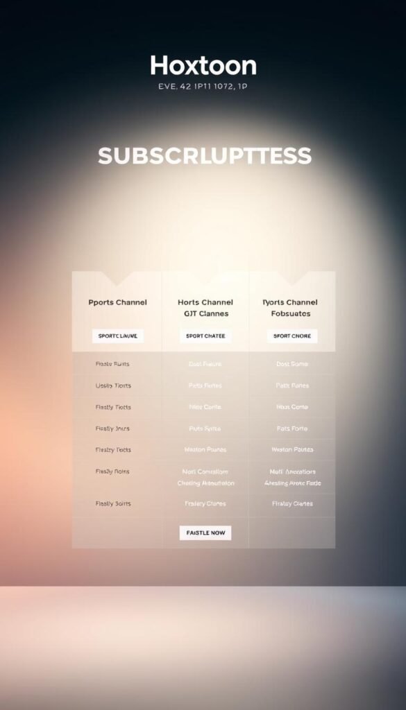 A professional, well-designed subscription plan grid for the Hoxtoon Provider IPTV service, showcasing their sports channel offerings. The layout features clean, modern typography and iconography against a soft, gradient background, conveying a premium and trustworthy vibe. The plans are presented in a three-column structure, with clear delineation of the features, pricing, and call-to-action buttons for each tier. Subtle lighting and depth-of-field effects create a polished, high-quality visual aesthetic suitable for an informative article section.
