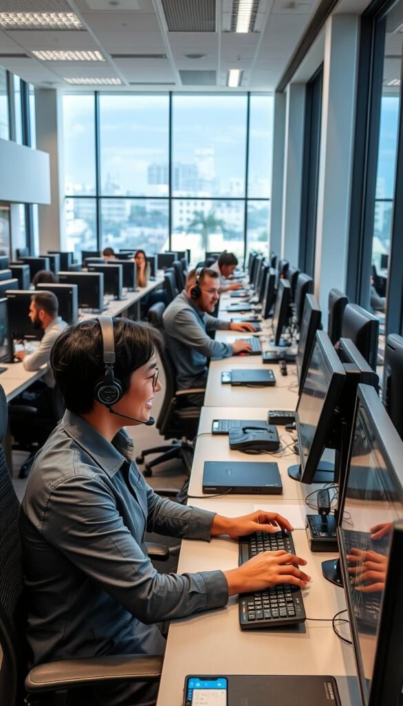 A professional, well-equipped customer service center staffed by knowledgeable technicians, offering seamless technical support for the Hoxtoon Provider IPTV service. The interior is designed with a sleek, modern aesthetic, featuring floor-to-ceiling windows that flood the space with natural light. Rows of desks are equipped with the latest computer hardware and communication tools, creating an efficient and organized workflow. In the foreground, a friendly customer service representative assists a client, guiding them through the service features and troubleshooting any issues. The overall atmosphere conveys a sense of reliability, competence, and commitment to customer satisfaction.
