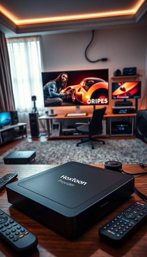A professional, well-equipped home entertainment center with a sleek, modern design. In the foreground, a high-end IPTV set-top box with the Hoxtoon Provider brand prominently displayed. Surrounding it, an array of advanced remote controls, streaming devices, and audio equipment. In the middle ground, a large, curved 4K television with vibrant, lifelike images. The background features a minimalist, high-tech home office setup with multiple monitors, a powerful desktop computer, and sophisticated cable management. The lighting is warm and inviting, creating a cozy, immersive atmosphere perfect for power users seeking the ultimate IPTV experience.
